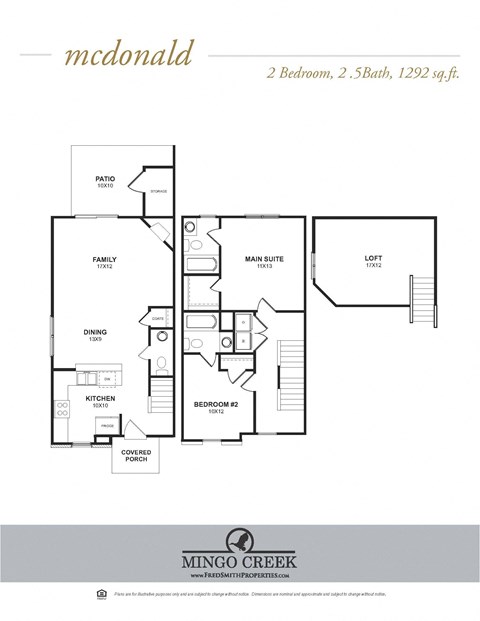 Floor plan for 2 beds, 2.5 baths, 1292 sqft